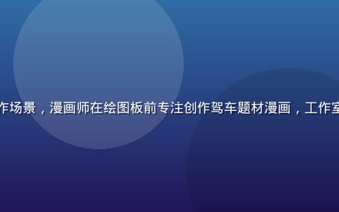 老司机漫画创作者工作场景，漫画师在绘图板前专注创作驾车题材漫画，工作室环境温馨，墨绿色调