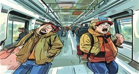 老司机漫画早高峰系列，卡通人物在地铁与开车之间纠结选择，表情痛苦，早晨通勤场景